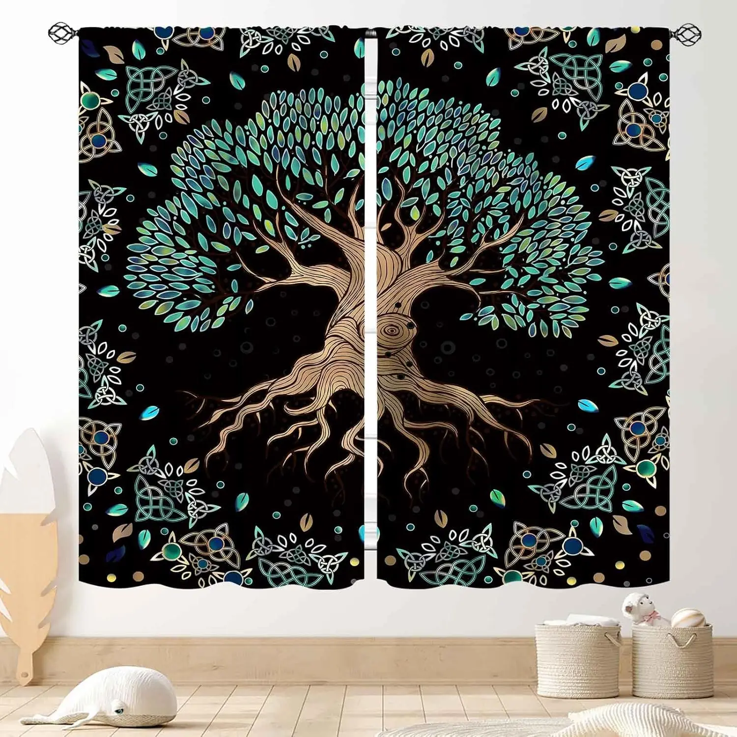 Tree of Life Curtains, Hippie Green Leaves Tree Life Vikings Celtic Nordic Aesthetic Mythology Window Drapery Treatments Bedroom