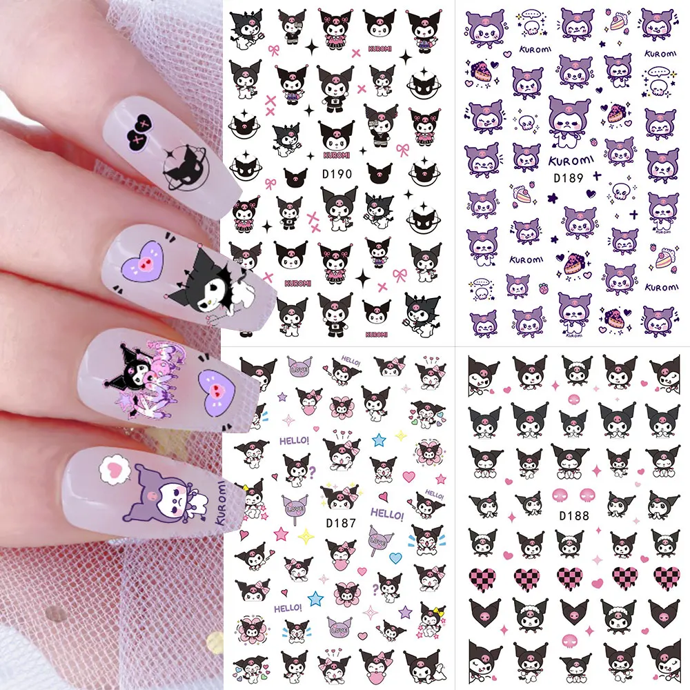 16 Stück Kawaii Pink Love Hello Kitty Nail Art Aufkleber für Mädchen Süße Kuromi Hello Kitty Katze Nagelaufkleber Selbstklebende Maniküre-Zubehör