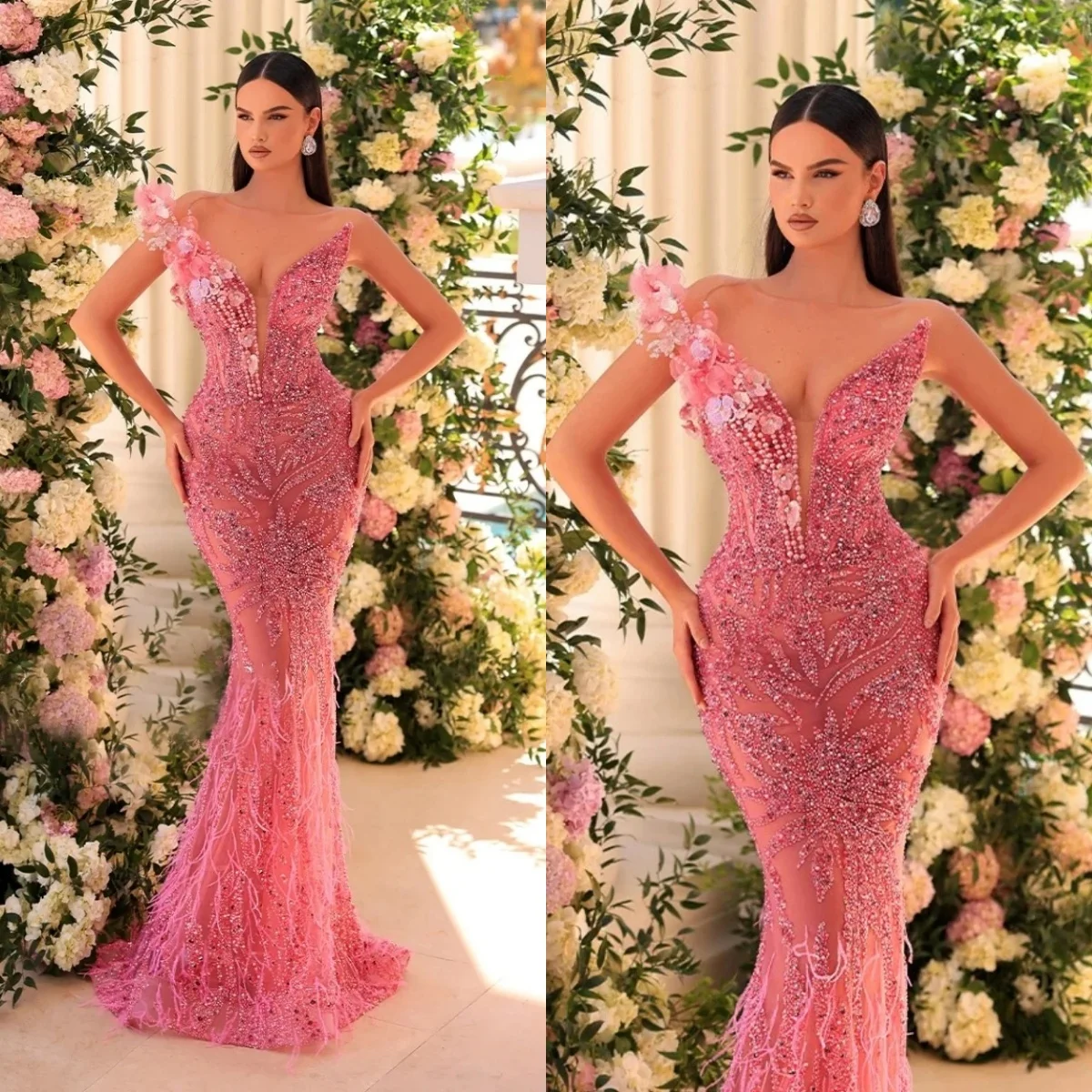 

Стильные вечерние платья с цветами, платье для выпускного вечера без бретелек, блестки, прозрачное вечернее платье с перьями русалки по индивидуальному заказу, Vestidos de noche