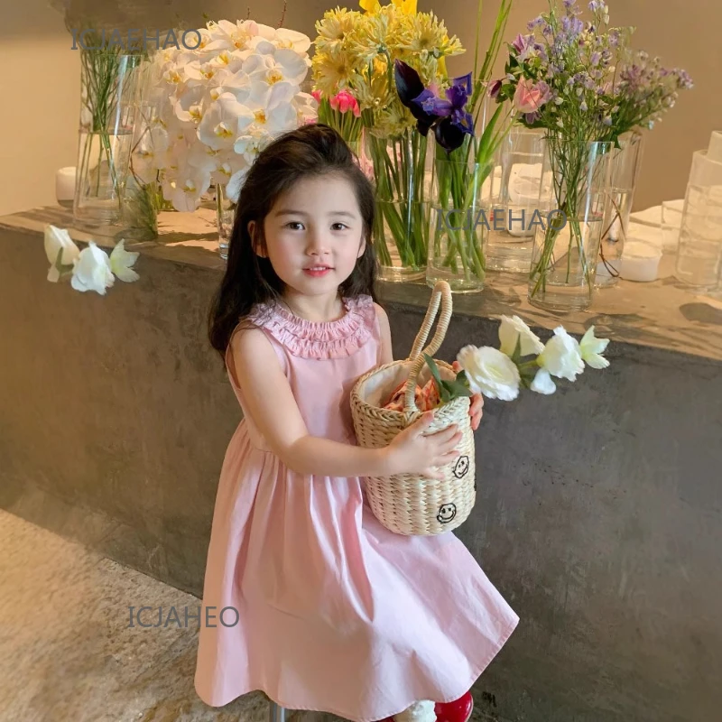 Teen Girl Clothes 2025 Children Pink Collar Sleeveless Matching Kids Summer Dresses Sweet Girls Princess Dress Costumes Lace
