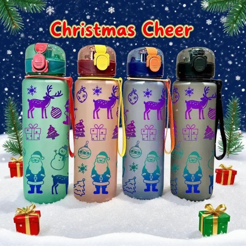 

3D Printed Cartoon Cute Christmas 700ml Water Bottle with Cute Santa & Reindeer Design High Appearance Plastic Water Cup