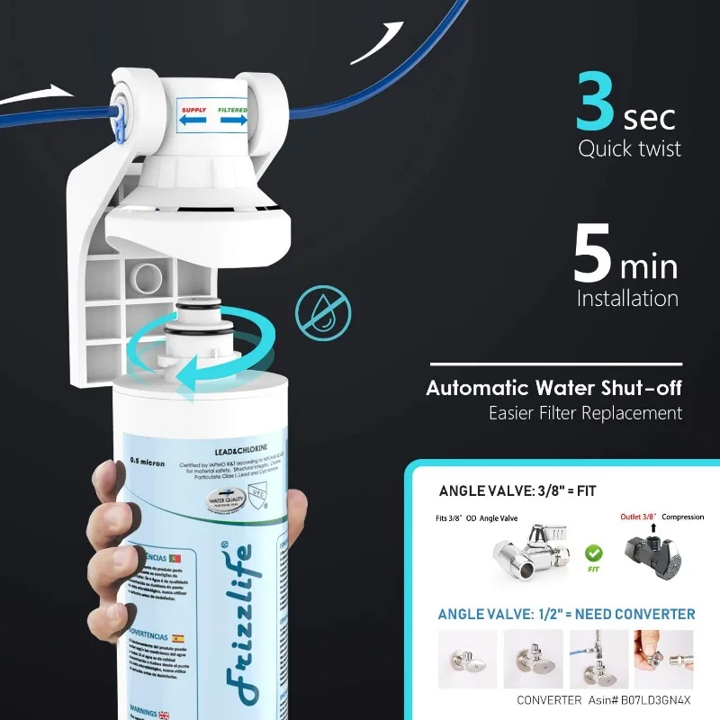 Frizzlife-filtro de agua para debajo del fregadero, sistema de filtración de agua potable Certificado NSF/ANSI 53 y 42, 0,5 micras, elimina plomo y cloro