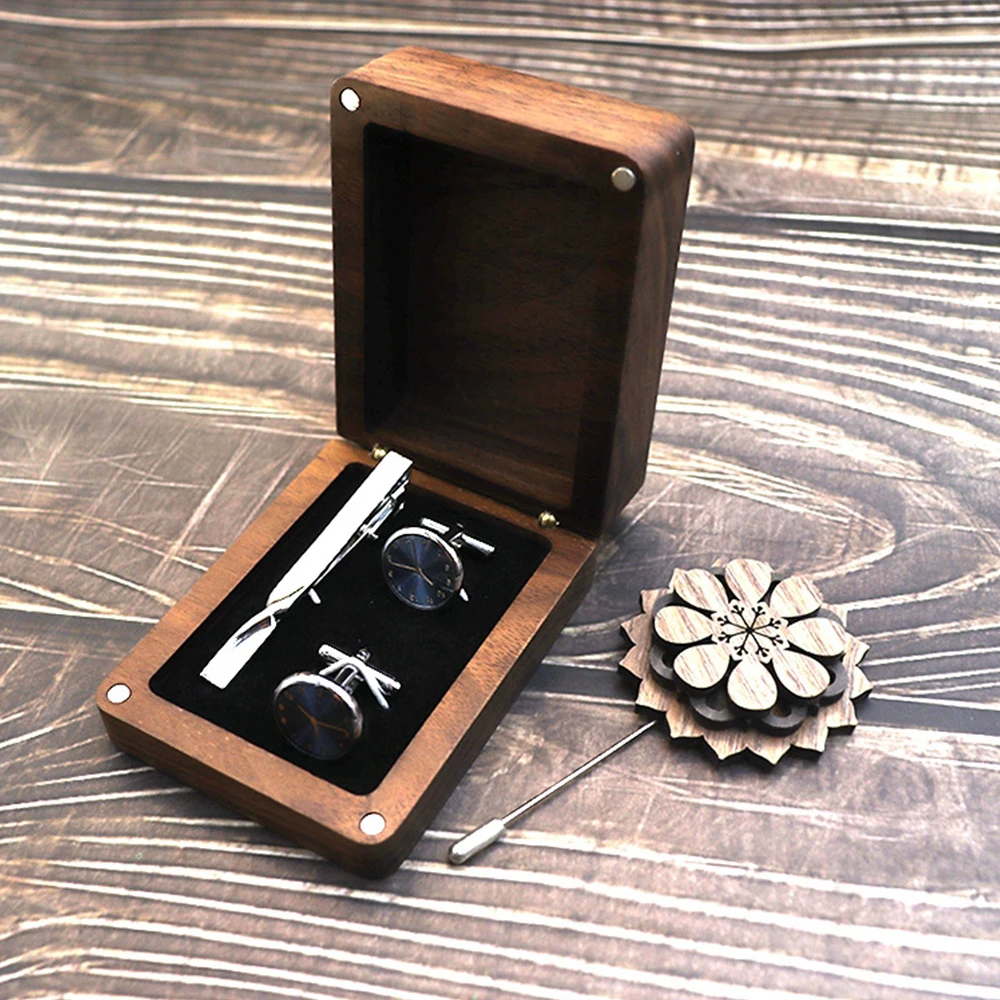 Cocktail Party Portable Cufflink Accessories Storage Box Solid Wood Tie Clip Suit Packaging Box Flip Cover Jewelry Display Box
