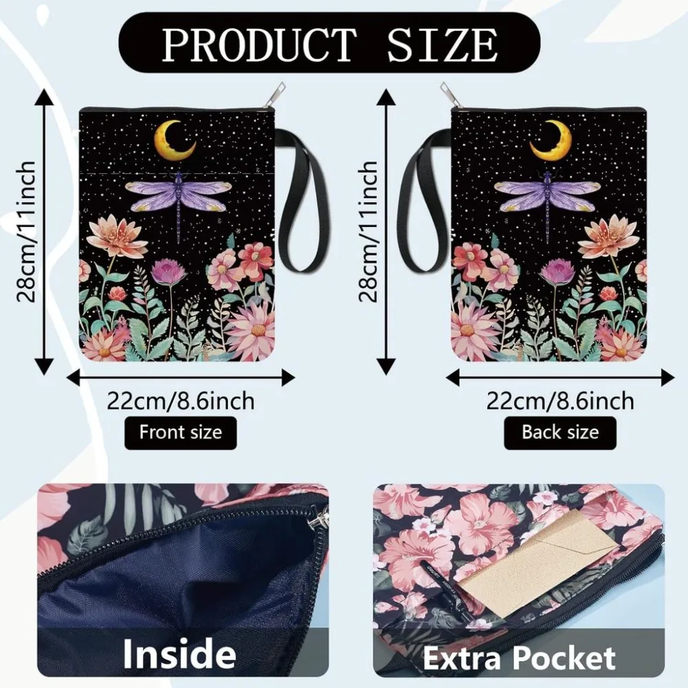 Dragonfly Book Protector Moon Book Covers Flower Book Sleeve for Paperbacks Washable Fabric Cloth Book Cover with Zipper Sleeve