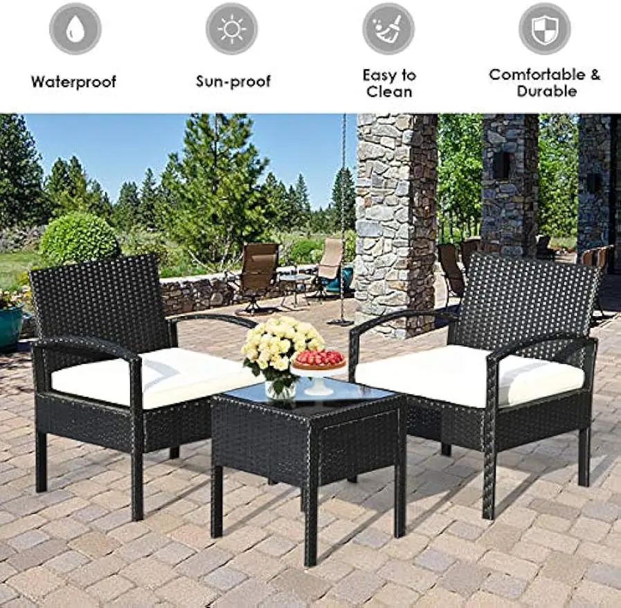 3 Piece Patio Furniture Set with 2 Cushioned Chairs & End Table, 1, Black