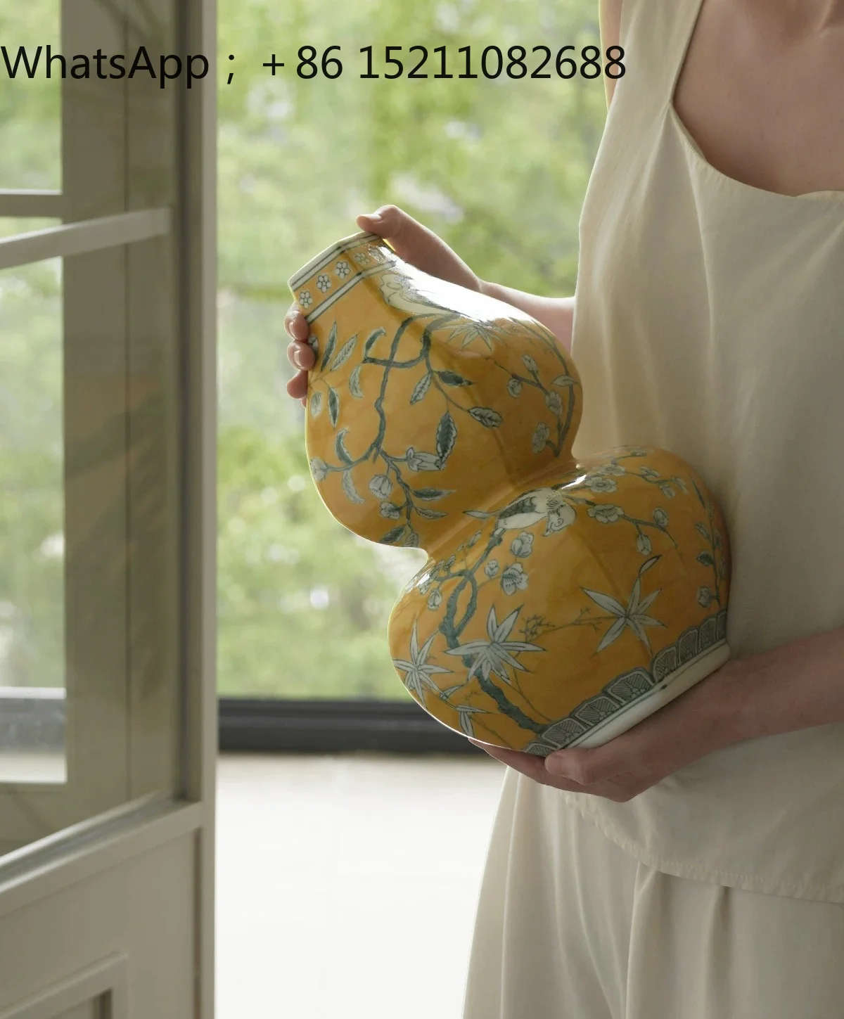 SCY Oriental flower and bird square Fulu vase yellow ceramic hand-painted retro gourd ornament