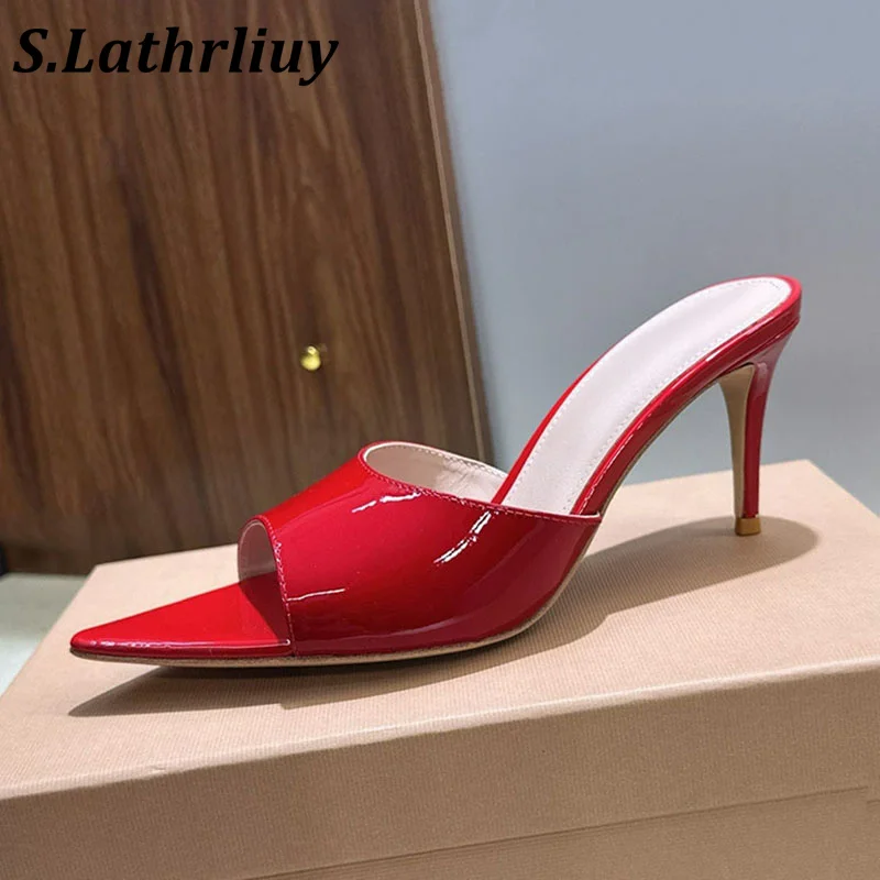 Women's summer 2026 new shiny leather shallow mouth pointed slippers solid color fashionable sexy nightclub high-heeled sandals