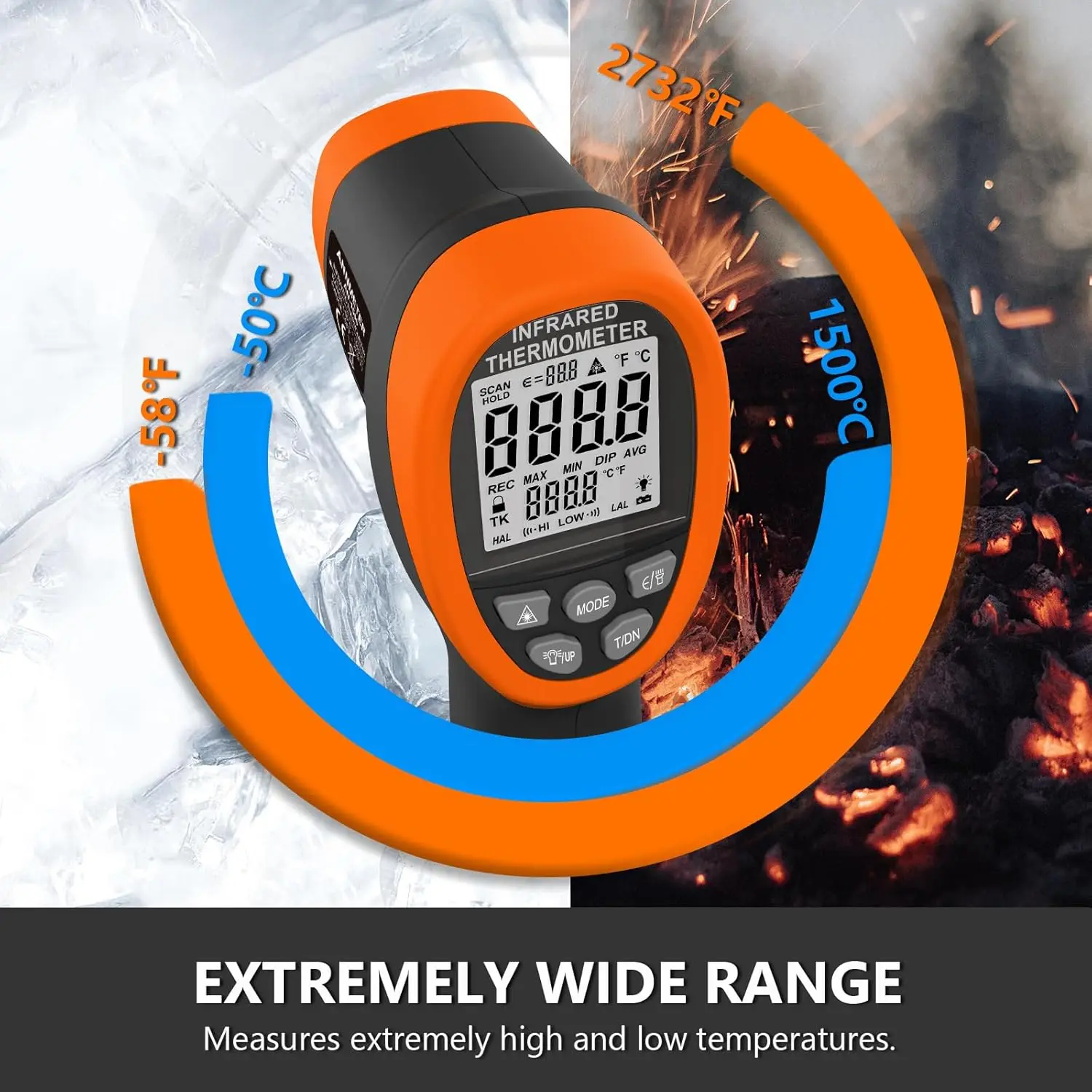 

HOLDPEAK Pyrometer D:S=30:1, High Temp Infrared Thermometer -58℉~2732℉, Non-Contact Industrial Laser Thermometer Gun, Digital IR