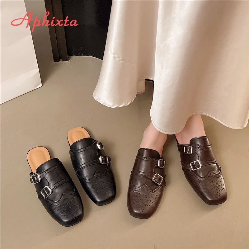 Aphixta 2026 NEW Women's Mules Metal Buckle Decoration Fringe Women Shoes Slippers for Woman Sales on Shoes Brand Sandals Luxury