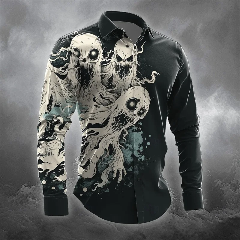 Men's Halloween Horror Long Sleeve Button Lapel Shirt, Dark Party Shirt, Seção Fina, Outono, Inverno, Outono, Inverno, Impressão 3D, S-5XL