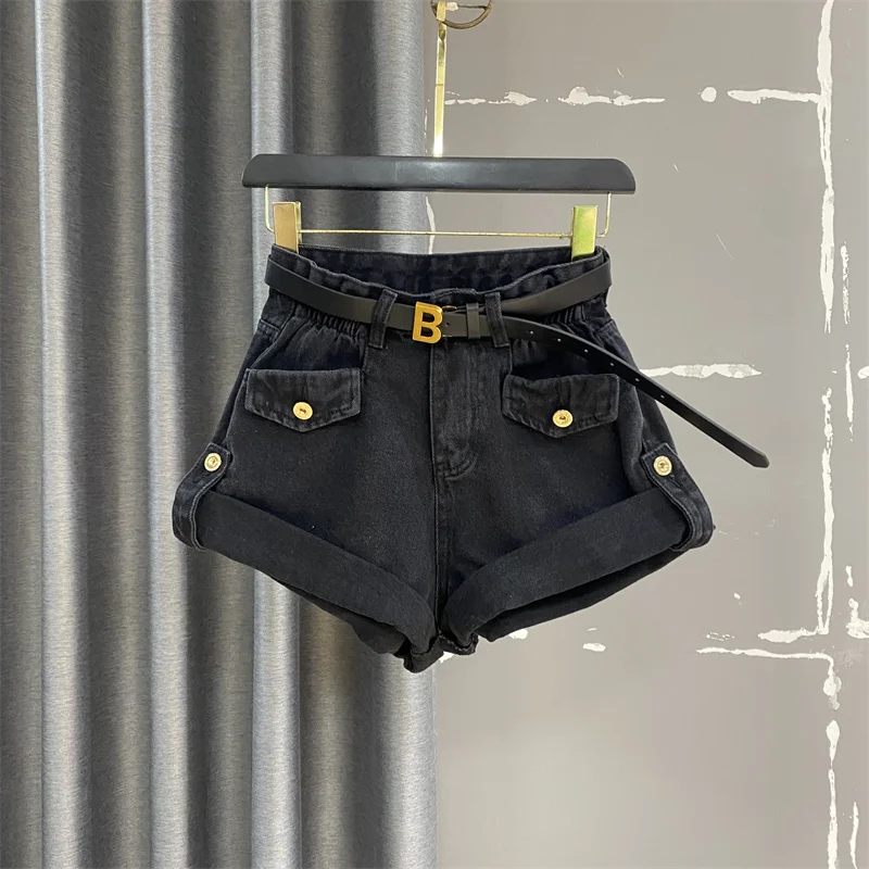 2024 New Spring Summer High Street Denim Shorts Women High Waist Wide Leg A-Line Curling Short Jeans no belt s526