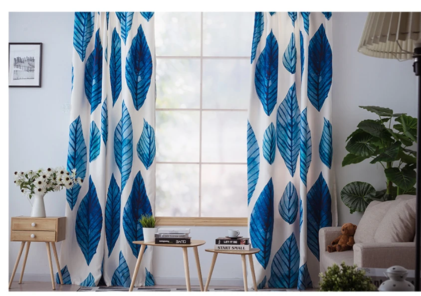 Blue leaf curtain finished custom modern minimalist shading fabric art small fresh plants soundproof windproof curtains