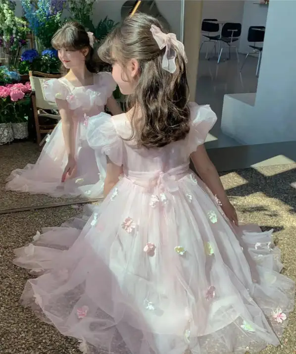 Sweet Cute Girls Summer 2026 New Princess Dress Kids Heavy 3D Floral Square Collar High Waist Birthdays Party Casual Maxi Dress