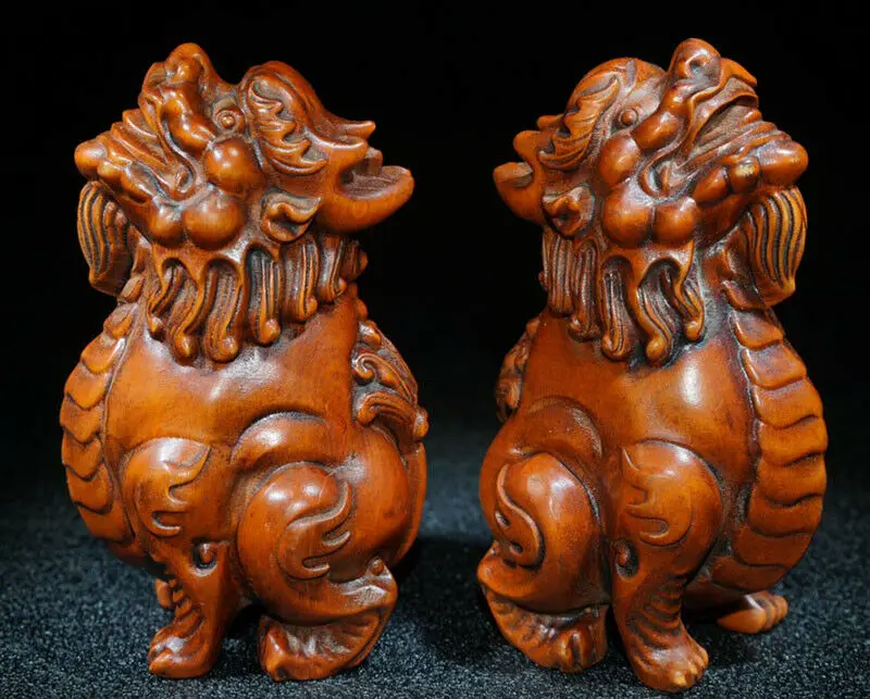 ML007- 7.5 x 5.5 Stunning Hand Carved Boxwood Figurine Carving: Foo Dog Lion Pair