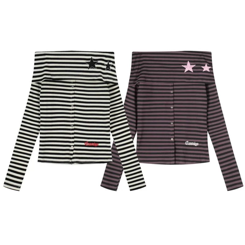 

Striped Off-Shoulder Long Sleeve T-Shirt Autumn New Women's Fashion Trend Y2K Retro Slim Fit Personalized One Shoulder Design