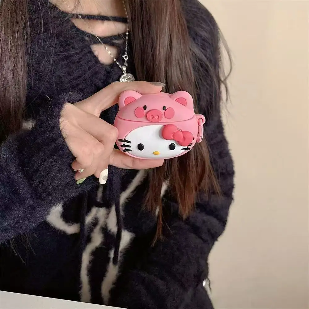MINISO Pigglet KT Cat متوافق مع Apple AirPods 4 حافظة سماعة أذن بلوتوث مضادة للسقوط غلاف ناعم لجهاز Pro 2/1/2nd Generation Wo