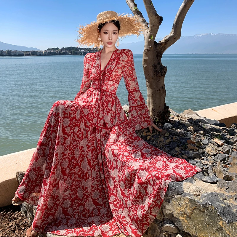 Retro rosso stampa floreale V-ne Dr vacanza da donna lanterna che attenta la vita Sve Long Dr Yunnan Prairie etnico Sle