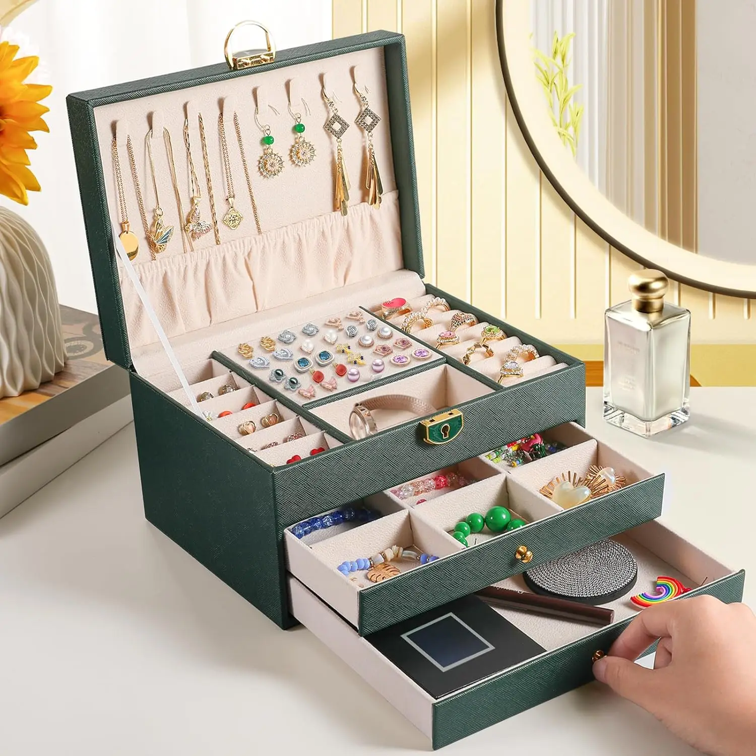 

3 Layer Jewelry Box, Jewelry Holder Organizer with 2 Drawer Tray, Large boxes for Women Velvet Earring Organizer, Lockab
