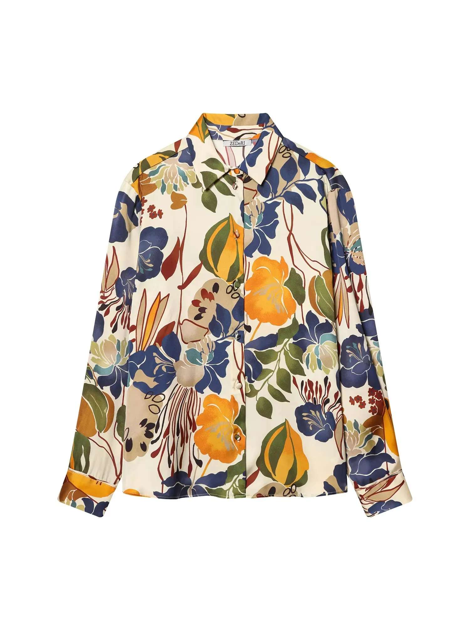 Women's Flower Print Polo-Neck Shirts Blouses Y2k Vintage 2000s Korean Style Elegant Long Sleeve Shirt For Women Clothes Spring