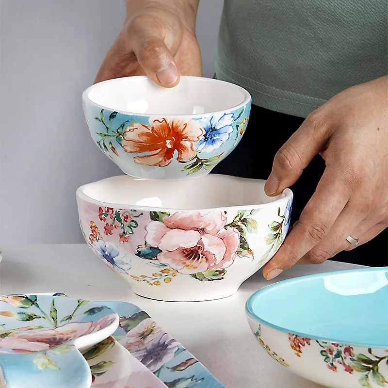American Pastoral Dinner Plates Underglaze Flower Ceramic Plate Restaurant Hotel Tableware  Afternoon Tea Dessert Dishes