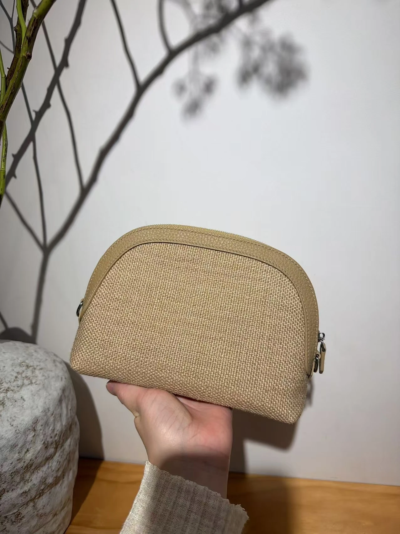 Echtes Leder Canvas Schulter-Crossbody-Tasche, tragbare Kosmetiktasche mit Kette, Damen-Clutch, Make-up-Tasche, Toilettentasche – Detail 6