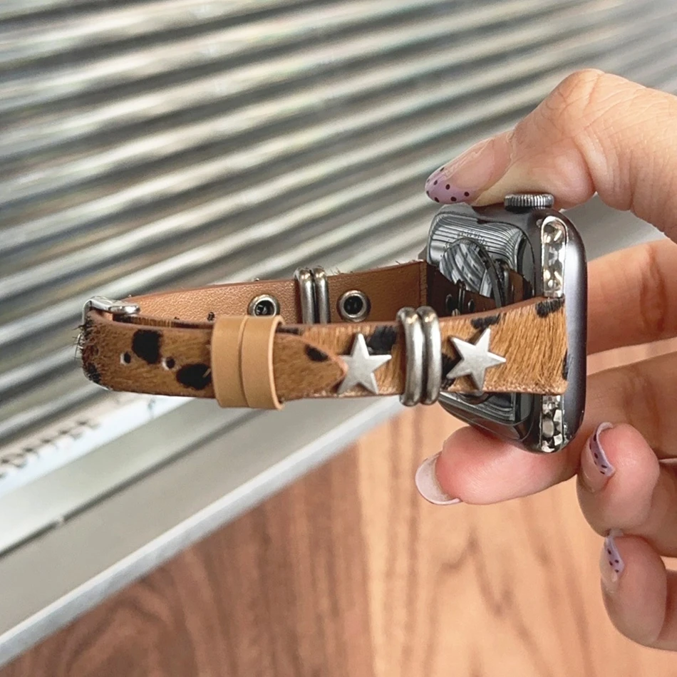 

Кожаный браслет со звездами и леопардовым принтом из конского волоса для Apple Watch Band S11/10/9/8/7/6/5/Ultra iWatch Ремешок 49/46/45/44/42/41/40/38 мм
