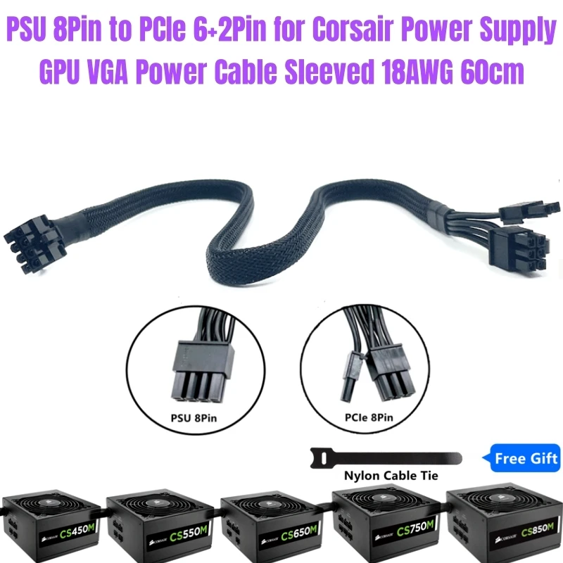 Original Corsair PCI-E 6+2Pin 8Pin GPU VGA Power Cable Sleeved for CORSAIR CS850M, CS750M, CS650M, CS550M, CS450M Modular Power