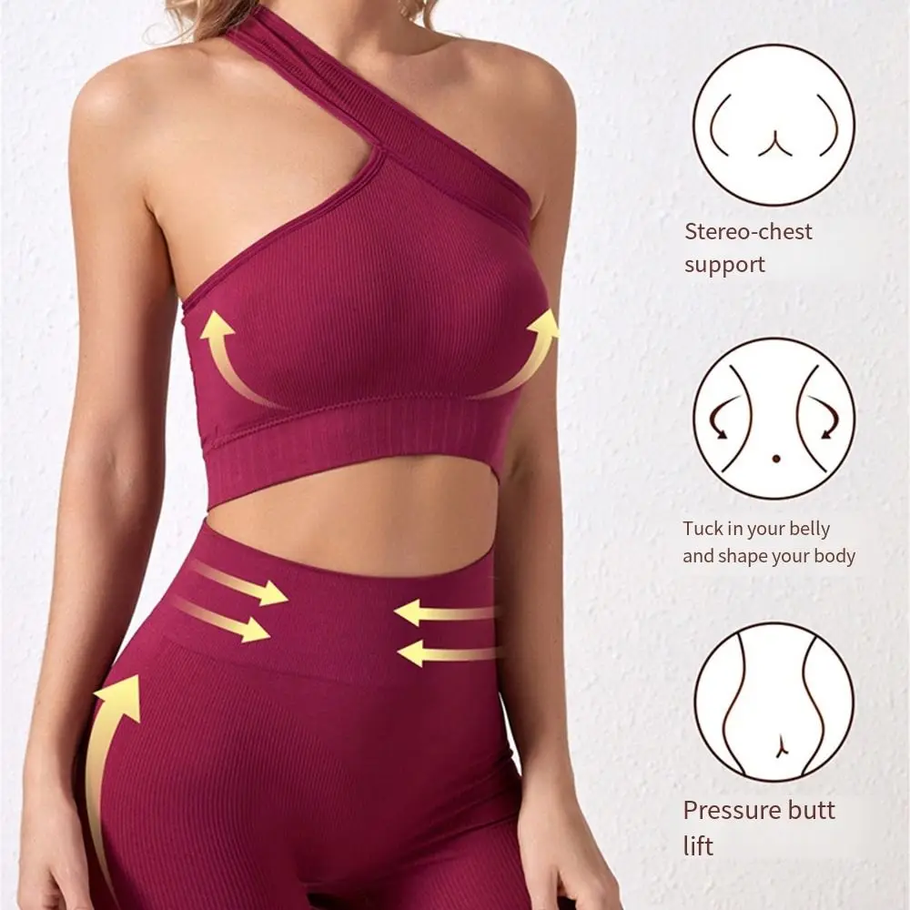 2Pcs Reusable Seamless Women Workout Sets High Waist One Shoulder Active Wear Ribbed Tank Tops Yoga Outfits Fitness
