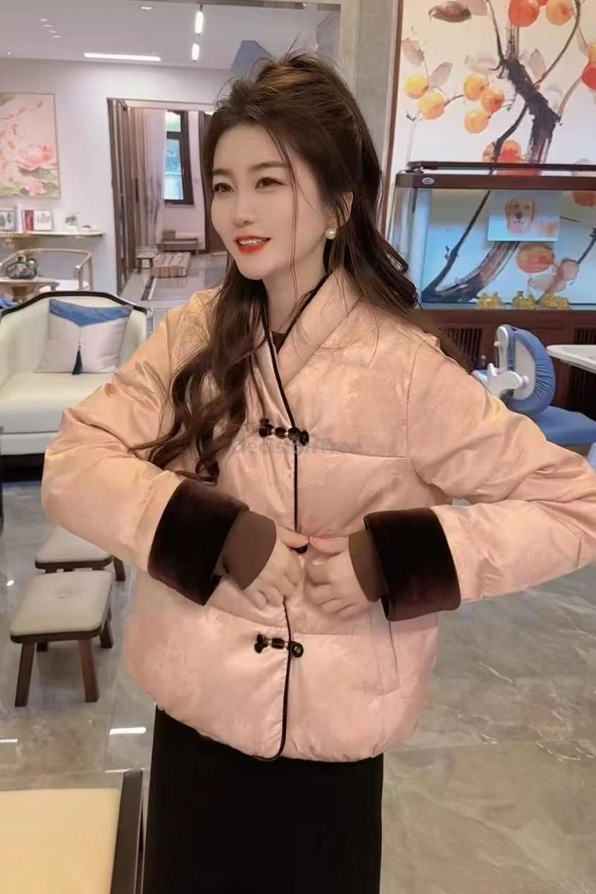 

Новинка 2025, хлопковая одежда в китайском стиле с пряжкой и длинными рукавами, зимнее утепленное теплое пальто, модное универсальное женское повседневное пальто