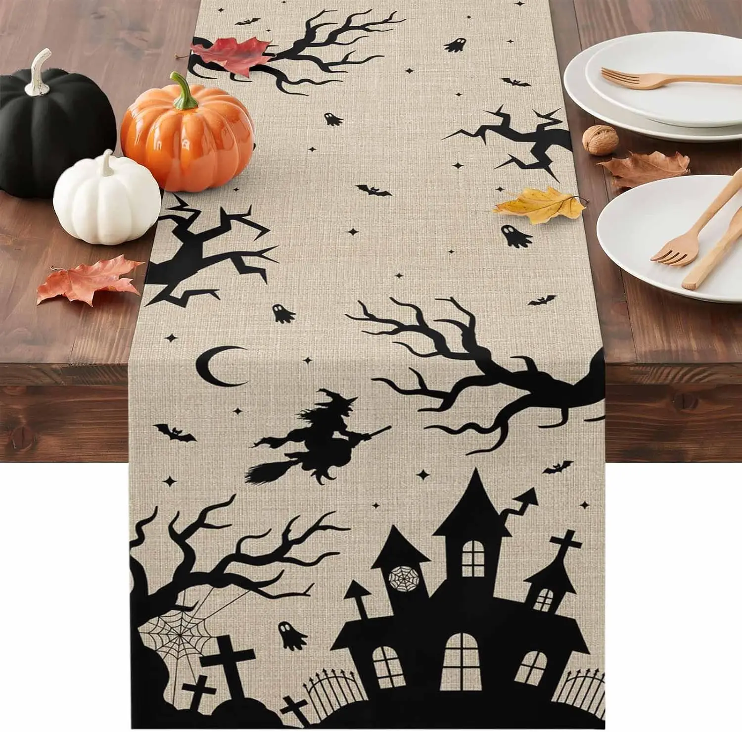 Halloween Goth Witch Haunted Castle Linen Table Runner Holiday Party Decor Washable Kitchen Dining Table Runners Halloween Decor