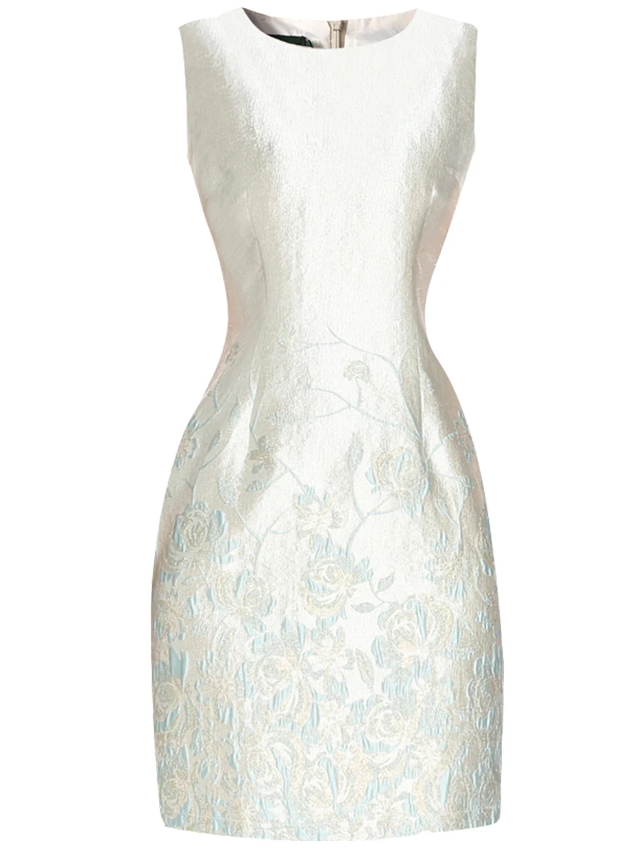 Hoge kwaliteit zware jacquard dame formele jurk nieuwe zomer elegante ronde hals vrouwen mouwloze luxe a-lijn verjaardagsfeestje jurk