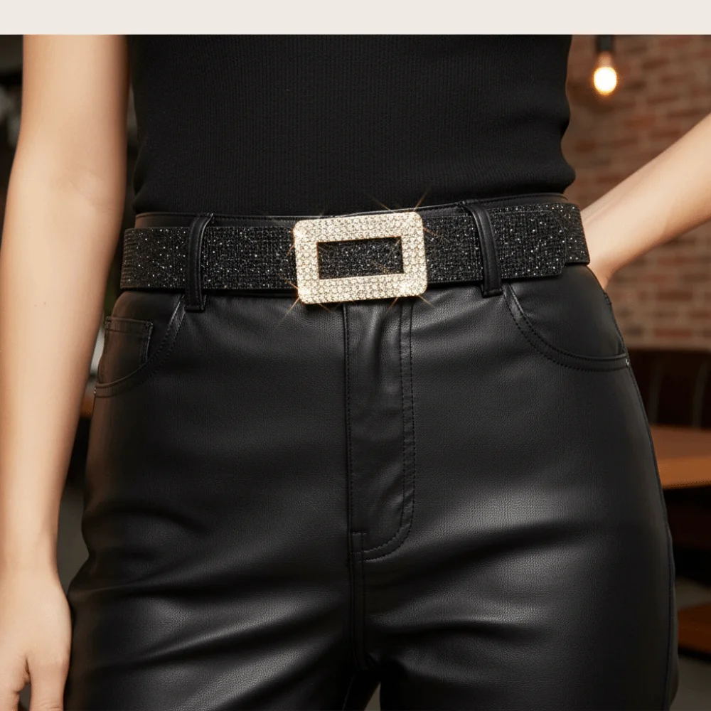 

Rhinestone Square Buckle Sequin Belt Korean Style All-match PU Leather Wide Waistband Punk Dress Decor Y2K Girl Waistband Party