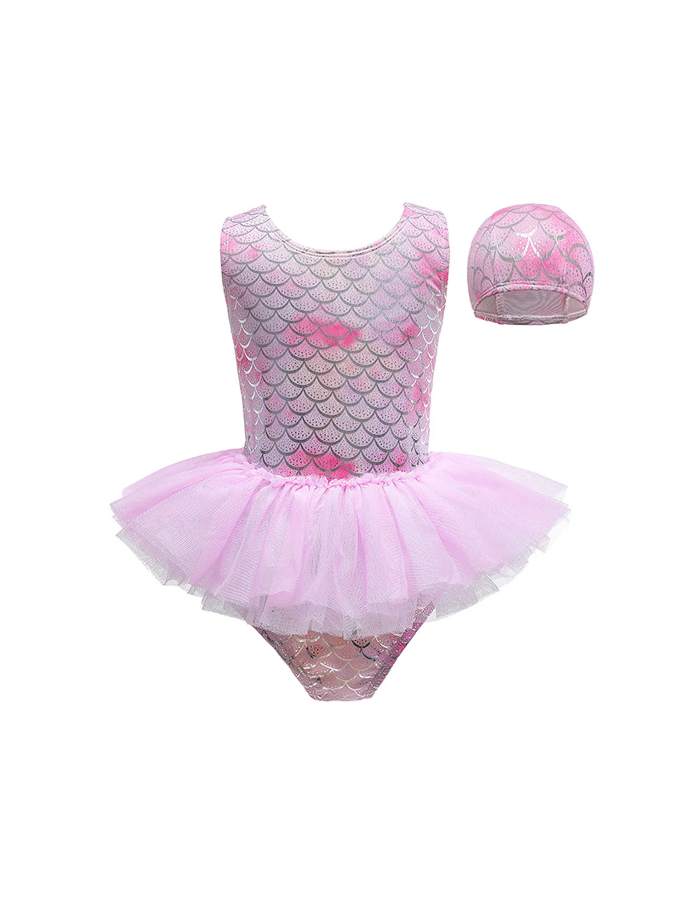

Girls cute one-piece swimsuit set, free hat, mesh skirt, cross straps design,comfortable summer swimming,beach vacation swimsuit