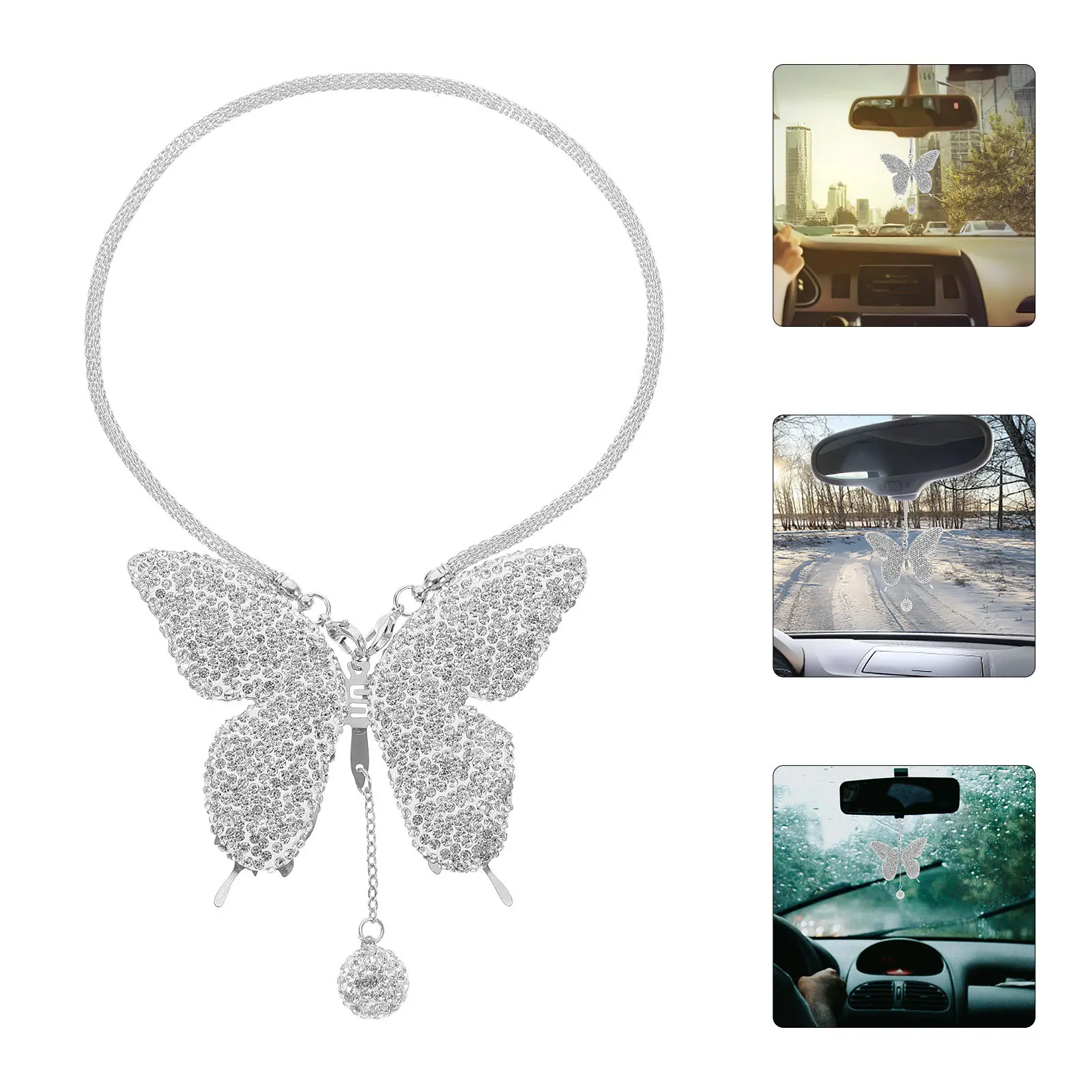 

Butterfly Car Hanging Ornament Rhinestone Durable Stainless Steel Clay Rear View Mirror Decoration Car Mirror Hanging Accessory