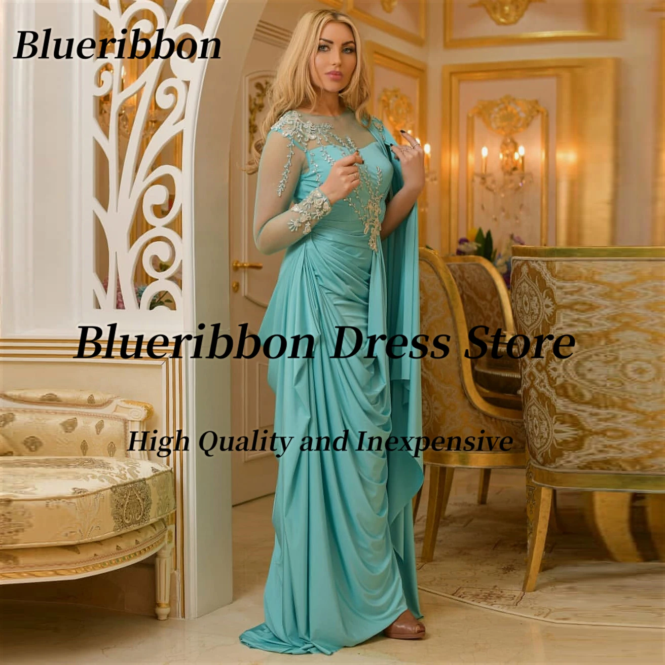 Vestido de noite Blueribbon para senhoras, Mangas compridas, Vestidos de baile, Frisado, Pick Ups, Envoltórios, Zipper Back, Vestido de festa formal, Oriente Médio