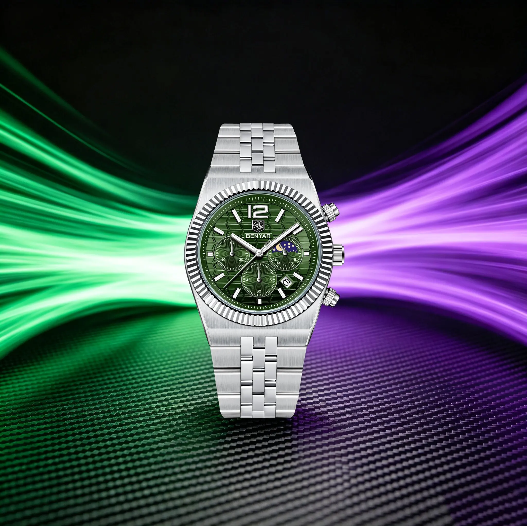 BENYAR Mens Quartz Watch Forest Green 3 Sub-Dials Moon Phase Calendar Luminous Business Watch For Daily Commute & Suit Matching
