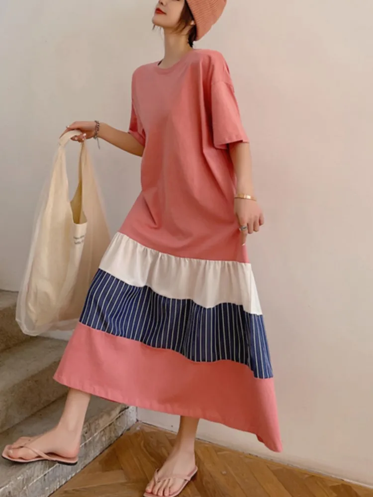 Biglarge ストライプ Tシャツドレス女性の夏のパッチワークルーズドレス女性韓国のエレガントなレディースドレス Vestidos