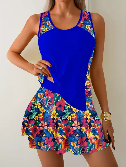 

2026 Sunflower-Printed Split Sports Swimsuit with Bright Skirt: Ideal for European & American Foreign Trade