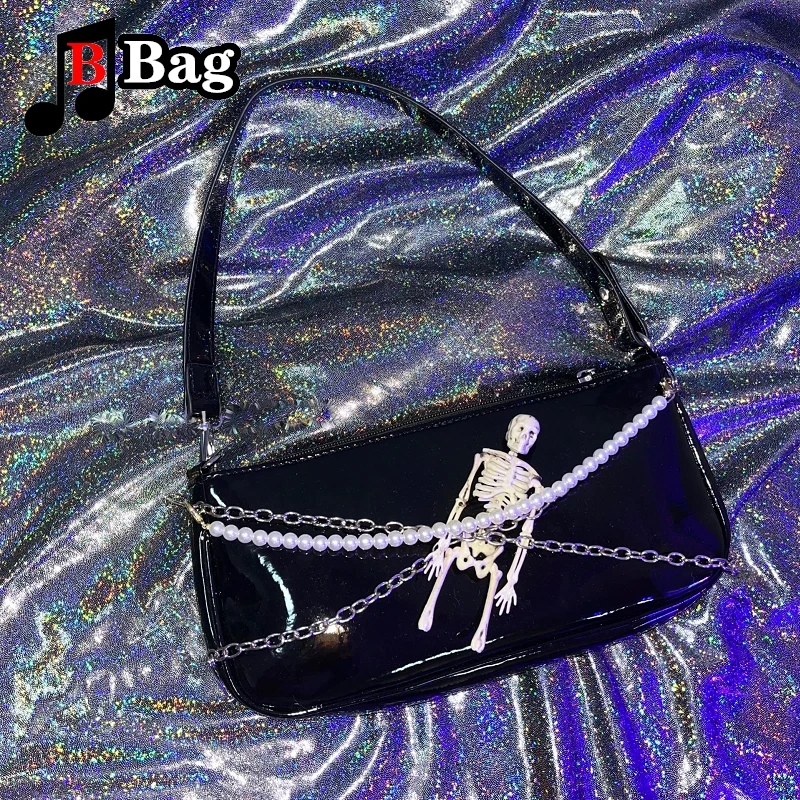 

Y2K Women Girl Punk Skeleton Pearl Chain Underarm Bags Tote Harajuku Ladies Hip hop Rock Single Shoulder bags Handbag 2022 trend