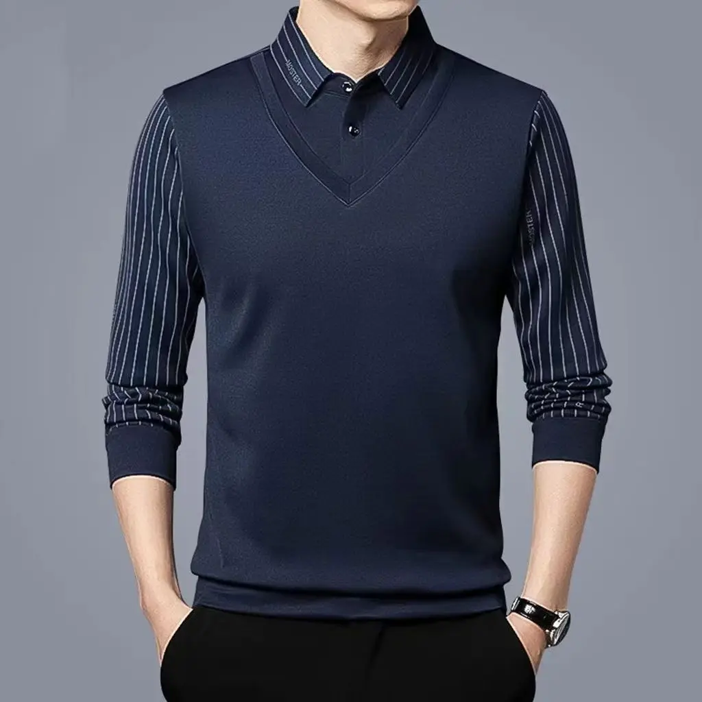 

Business Casual Thin Slim Men Polo Shirt Spring Button Lapel Striped Long Sleeve Fashion Korean Clothing Tops JJ276