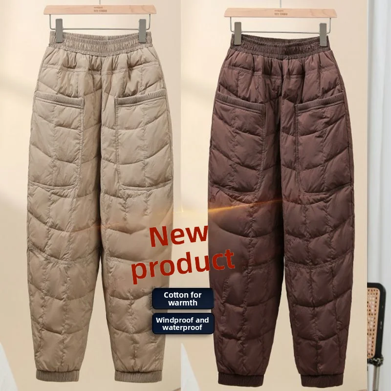 

Женские легкие пуховые хлопковые брюки, повседневные ветрозащитные теплые брюки с вырезом, модные лоскутные брюки с высокой талией, полиэфирное волокно