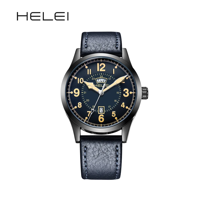 HELEI Fashion new sports casual quartz watch date genuine leather strap men\'s wristwatch