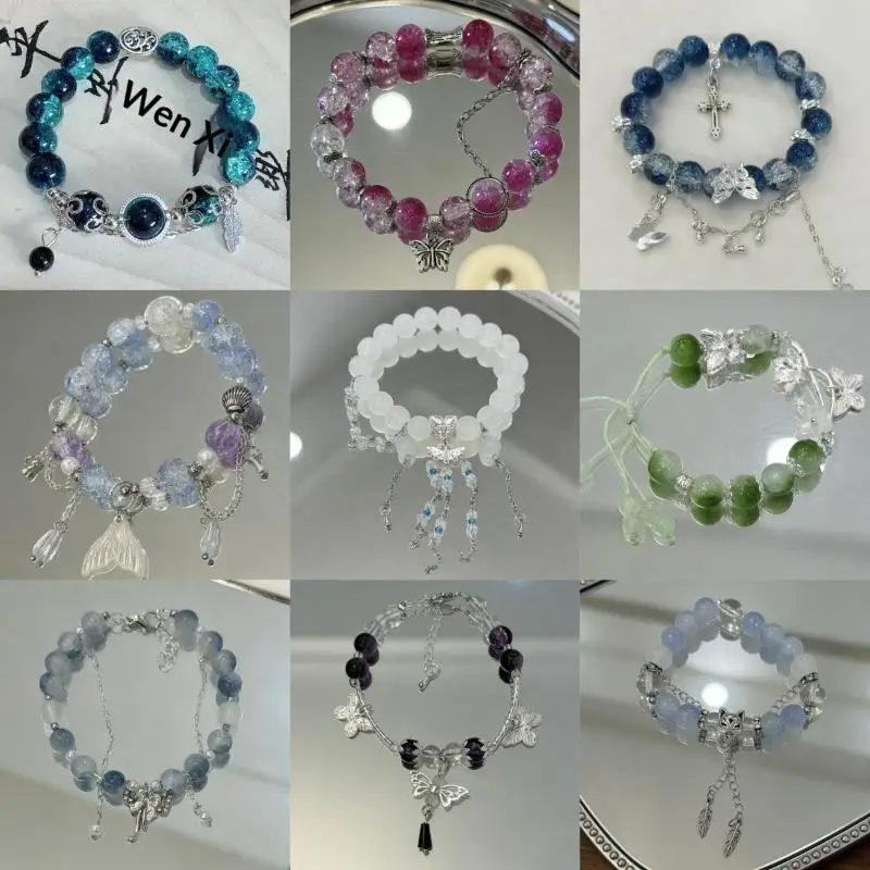 Fashion Chinese Style Crystal Beads Bracelet For Women Girls Sweet Butterfly Feather Tassel Charm Bracelet Party Wedding Jewelry