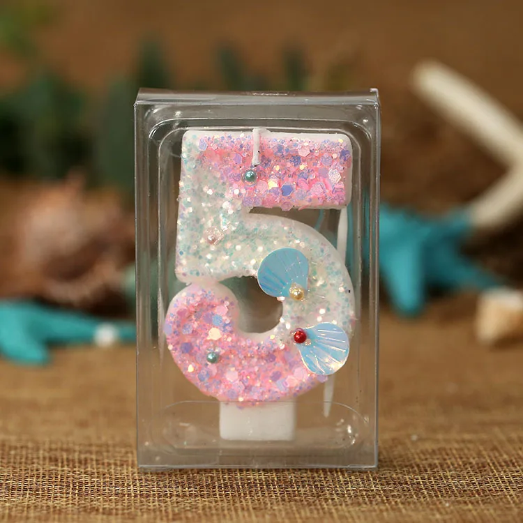 2025 그라데이션 핑크 쉘 숫자 양초 펄 장식 생일 케이크 토퍼 그라데이션 핑크 테마 도매 공급