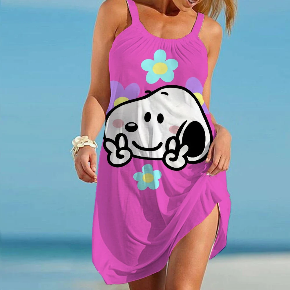 

New Summer Girls Snoopy print Women Fashion Sling Dress Women Sexy Loose Seaside Beach Clothing Cool Sleeveless Dress Quick Dry