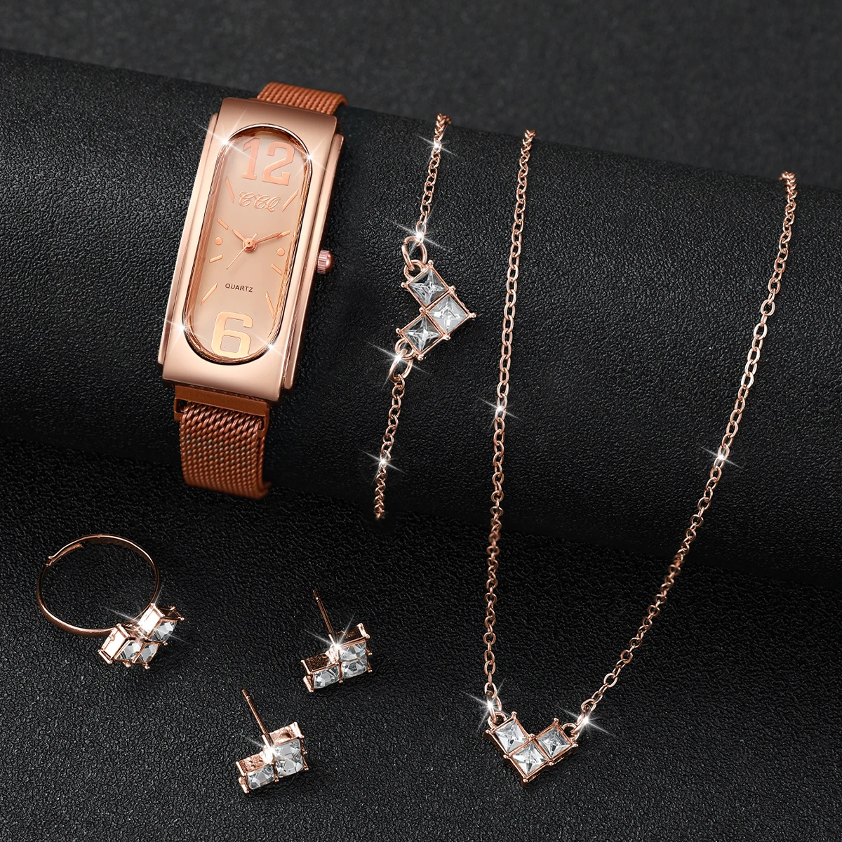 6 Stks/set Dameshorloge Eenvoudig Quartz Horloge Met Rechthoekige Wijzerplaat En Sieraden Accessoires Set