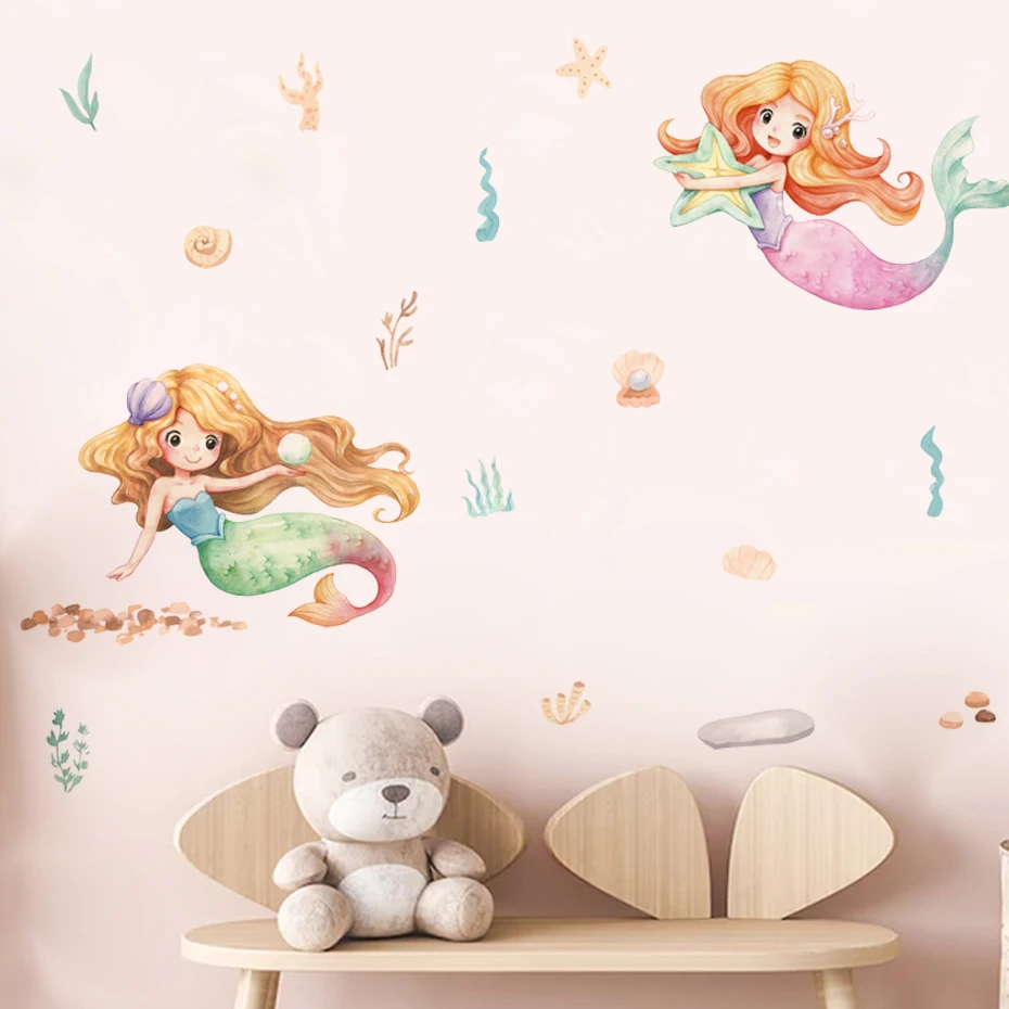 Cartoon Lovely Mermaid Princess Ocean Watercolor Nursery Wall Stickers for Kids Room Girls Room Decor Wall Decals Mural