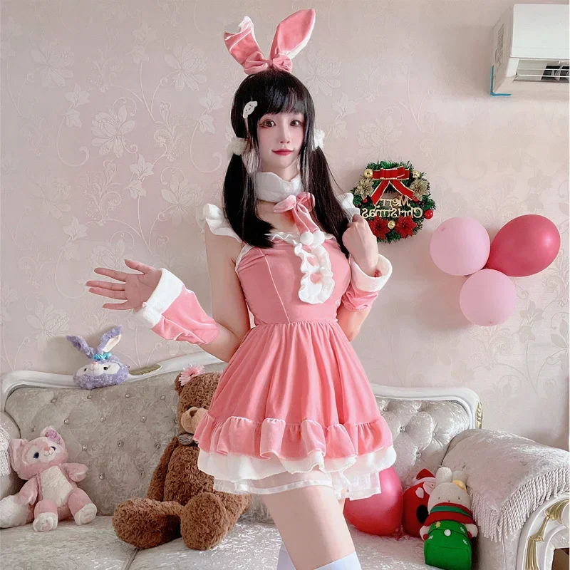 Anime Halloween Bunny Cosplay Costumes Soft Velvet Sweetheart Lolita Princess Dress Christmas School Girl Maid Role Play Outfits