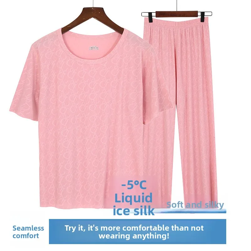 

Summer Couple Ice Sensation Home Clothes Set Short Sleeve Thin Polyester Sleepwear Shorts Women Can Wear Outdoor round Neck