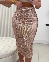 Sexy Midi Skirt for Women 2023 Casual Elegant Evening Party Allover Sequin Slit Skinny Skirt Female Clothing Outfits